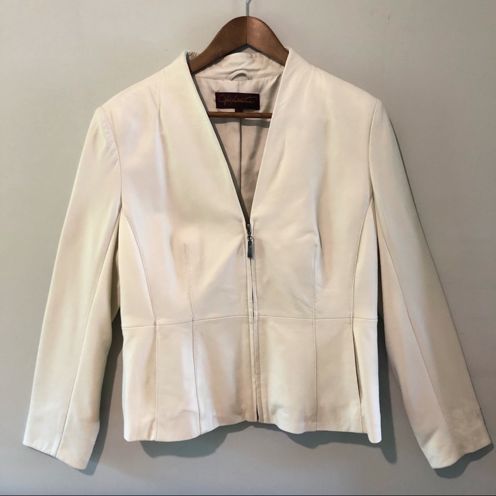 Hal Rubinstein Cream Off-White Leather and Ponte Knit Jacket Blazer Coat, Large